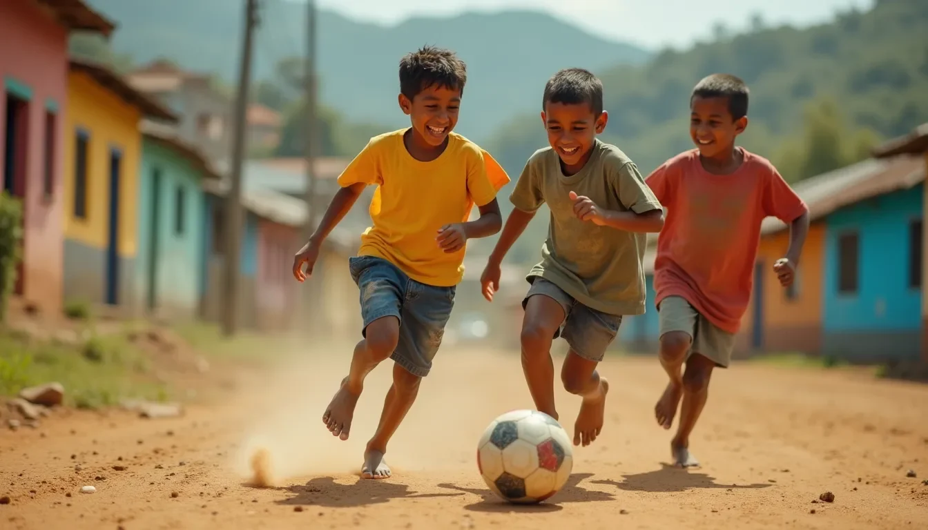 Niños jugando fútbol descalzos en una favela de Brasil